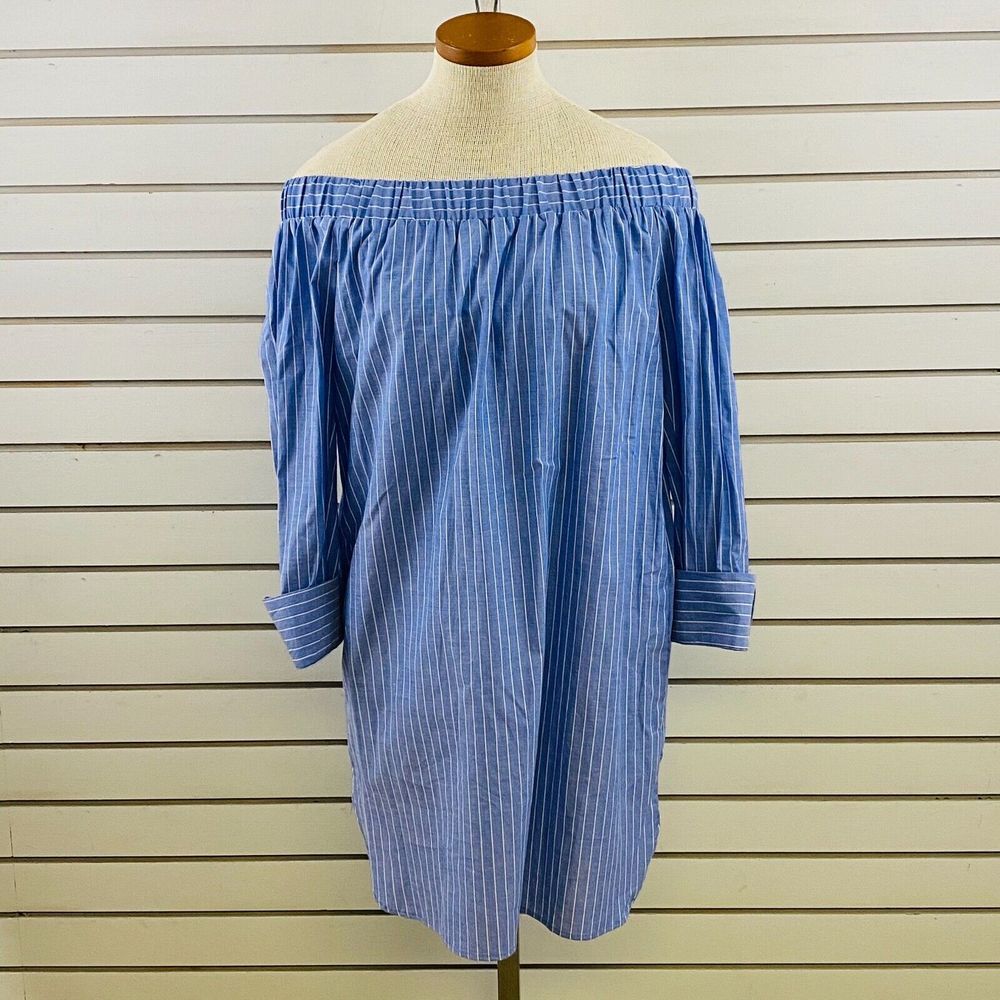 Womens Junior M Love J Shirt Dress Off The‎ Shoulder Blue Stripe Chambray